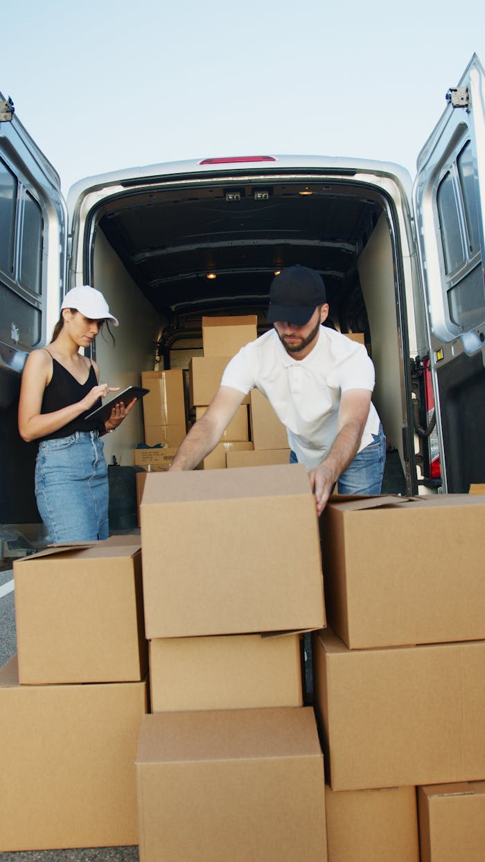 Two workers unloading cardboard boxes from a delivery van, teamwork and logistics concept.